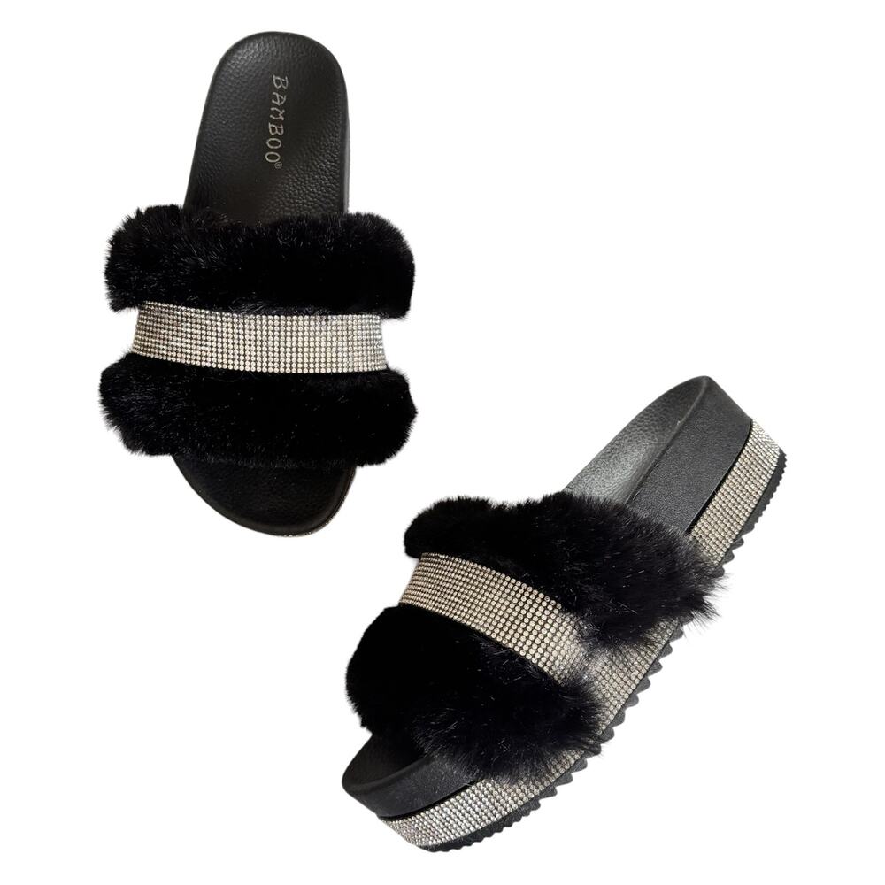 Bamboo Black Rhinestone Faux Fur Slide Sandals Flat Platforms Women’s 6 NEW Y2K
